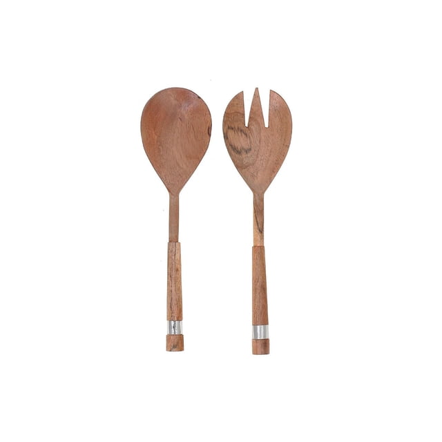 IH Casa Decor Ensemble de 2 Pcs de Serveurs à Salade en Bois d'Acacia Naturel avec Nickel Martelé, avec Cuillère en Bois et spork, avec grain de Bois d'Acacia Brun Naturel et Bandes de Nickel Martelé sur de Longs Poignées, Convient pour Servir des Salades et Accompagner des Ustensiles de Cuisine en Bois.