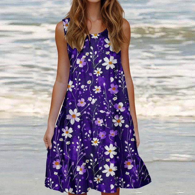 Ovzne Robes d'Été pour Femmes 2025 Robe pour Femme Mode pour Femmes Vacances Été Couleur Unie Sans Manches Robe de Fête de Plage Robe pour Femmes Imprimée Liquidation