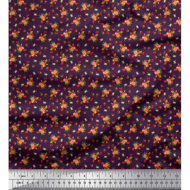 Soimoi Poly Georgette Fabric Leaves, & Rose Floral Printed Fabric 1 Yard 52 Inch Wide
