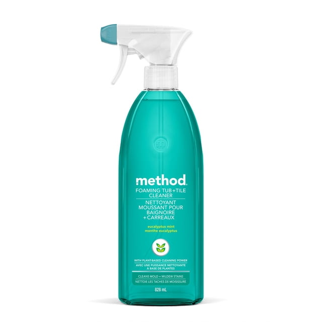 Method Foaming Tub and Tile Cleaner eucalyptus mint in an 828 ml teal spray bottle with a white and teal trigger nozzle, bleach-free plant-based formula that cleans mold, mildew stains, soap scum, and grime on tubs, tiles, and bathroom fixtures.