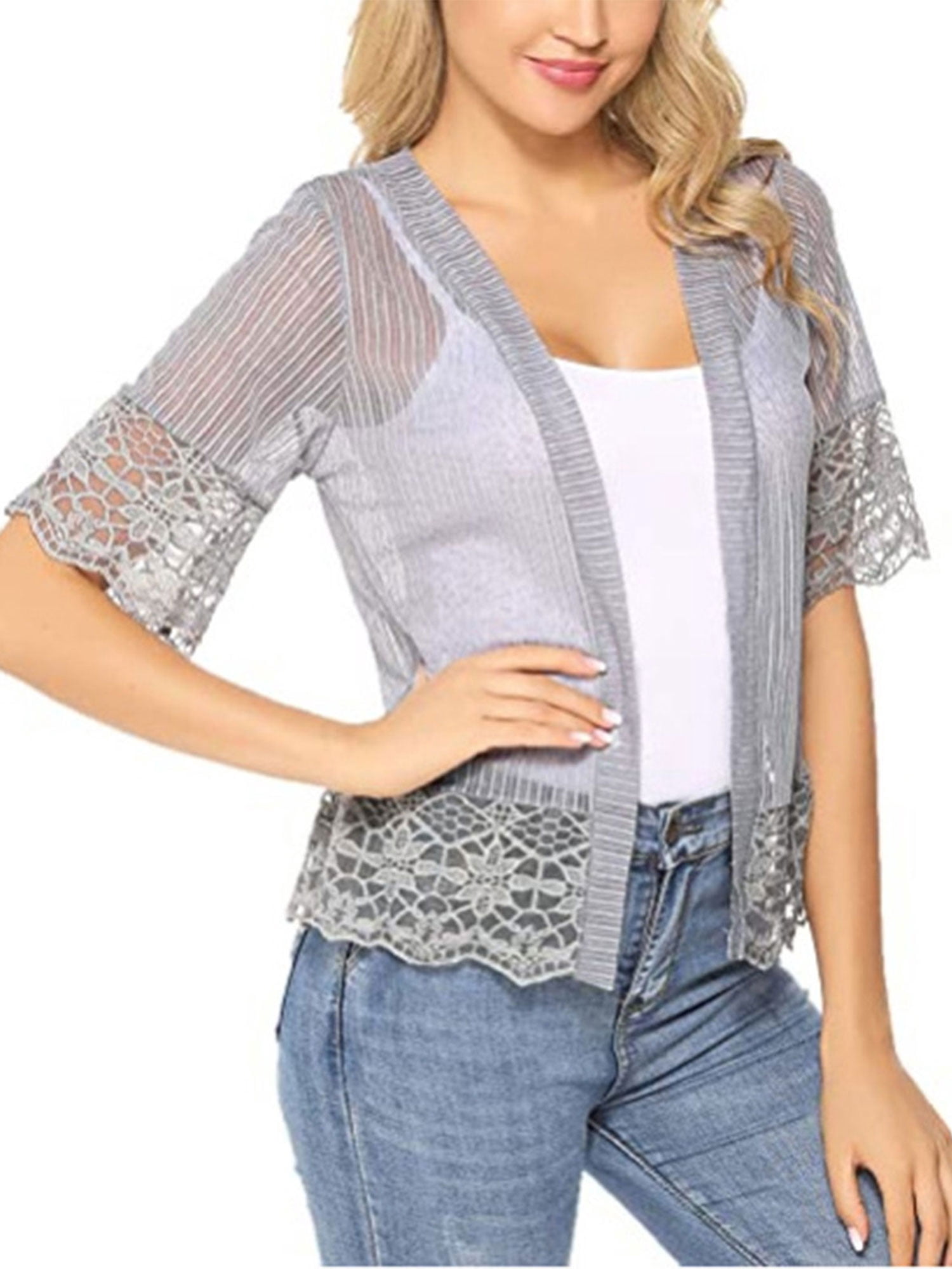 Faithtur Boléro Ouvert pour Femmes Manches Courtes Dentelle Patchwork Transparent