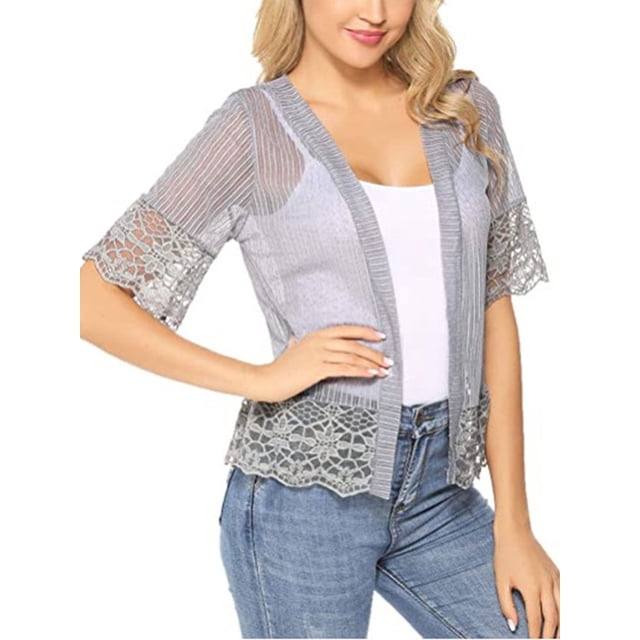 Summer Women's Open Front Shrug Short Sleeve Solid Color Lace Patchwork Cardigan Sheer Bolero Cover Up