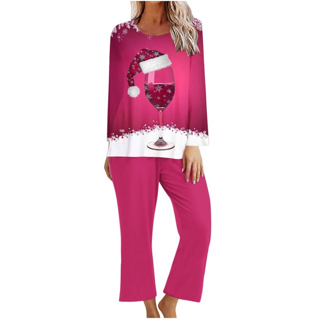 Pisexur Pyjamas de Noël pour Femmes Ensemble Deux Pièces Tendance Vacances Verres à Vin Rouge Imprimé Pjs Décontractés Manches Longues Col Rond Hauts Pantalons de Pyjama Vêtements de Nuit