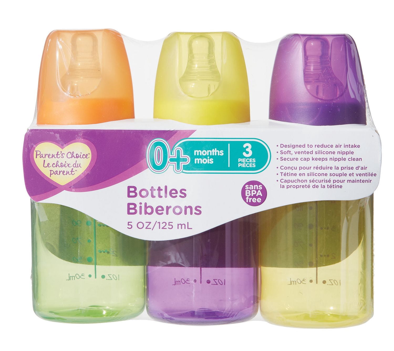 Parent’s Choice Tinted Baby Bottles, BPA Free, 3x5oz Bottles, Multi Color