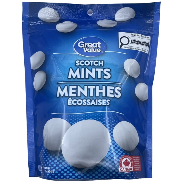 Great Value Scotch Mints bag with a resealable blue package featuring smooth white chewy candies, labeled in English and French, weighing 600 g, made in Canada, and marked high in sugars by Health Canada, ideal for a refreshing after-dinner treat.