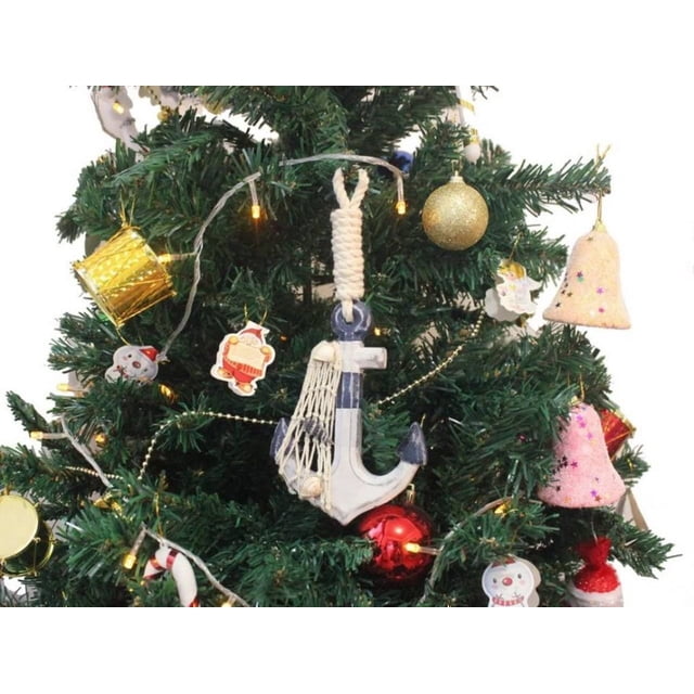 Hampton Nautical Anchor-301-XMASS Wooden Rustic Decorative Blue & White Anchor Christmas Tree Ornament - Nautical Tree Decoration
