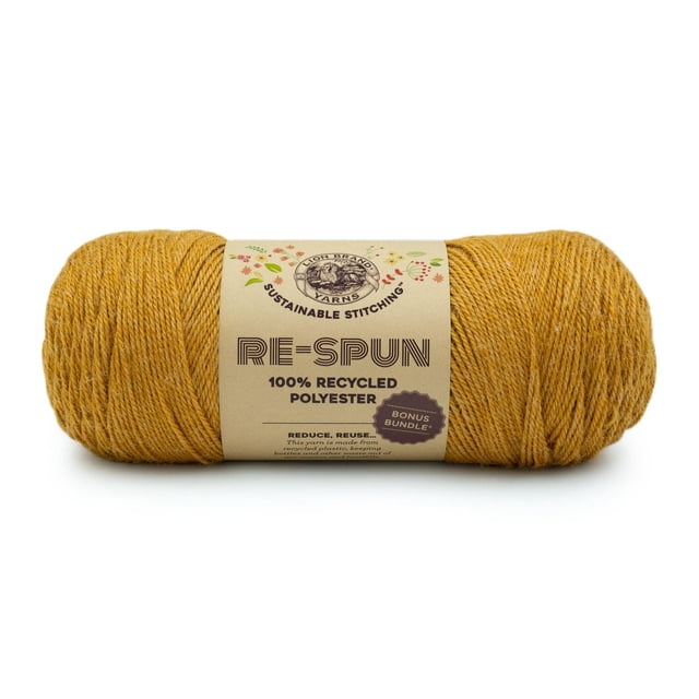 Lion Brand Re-Spun Bonus Bundle Yarn in Cornsilk, a 284-gram skein of medium weight (CYC 4) 100% recycled polyester yarn made from recycled plastics, machine washable and dryable, suitable for crafting garments, accessories, and home décor, often used for eco-friendly knitting and crochet projects.