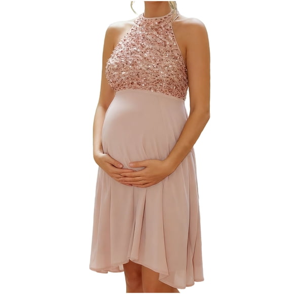 Women's Off-Shoulder A-Line Sequin Halter Maternity Maxi Dress Tulle Slit Backless Gown for Photoshoot Baby Shower Prom,Pink,XL