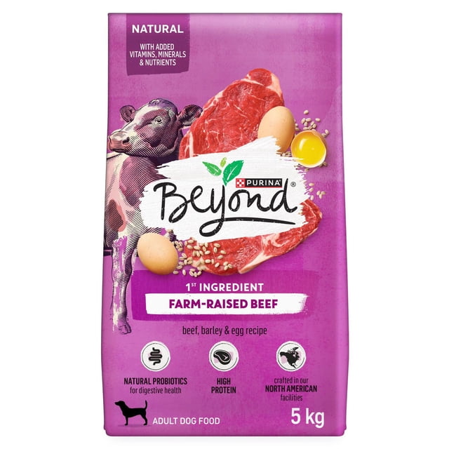 E-BEYOND BYND SMPLY DOG BEEF adult dog food 5 kg bag featuring farm-raised beef as the first ingredient, barley and egg recipe, natural probiotics for digestive health, high protein, and crafted in North American facilities, purple packaging with beef, eggs, and cow illustration.