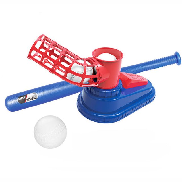 Baseball Pitching Machine Baseball Trainer Launcher Toy Foot-on with 3 Baseball & Baseball Bat, featuring a red and blue foot-operated mechanical launcher made of durable, non-toxic plastic. Includes three white baseballs and a retractable blue bat with a non-slip grip. Ideal baseball training equipment for improving hand-eye coordination in children. Compact and easy to assemble.
