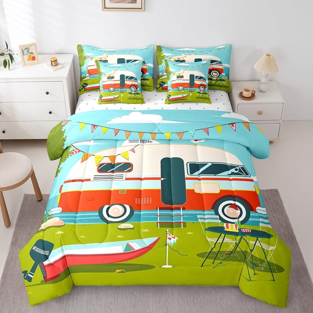 Camp Travel Car Comforter Set 7 Piece Bed in a Bag Twin,Happy Camping Camper Decor Bedding Sets Retro Rustic Farmhouse Camping Gift Sheet Set with Comforter