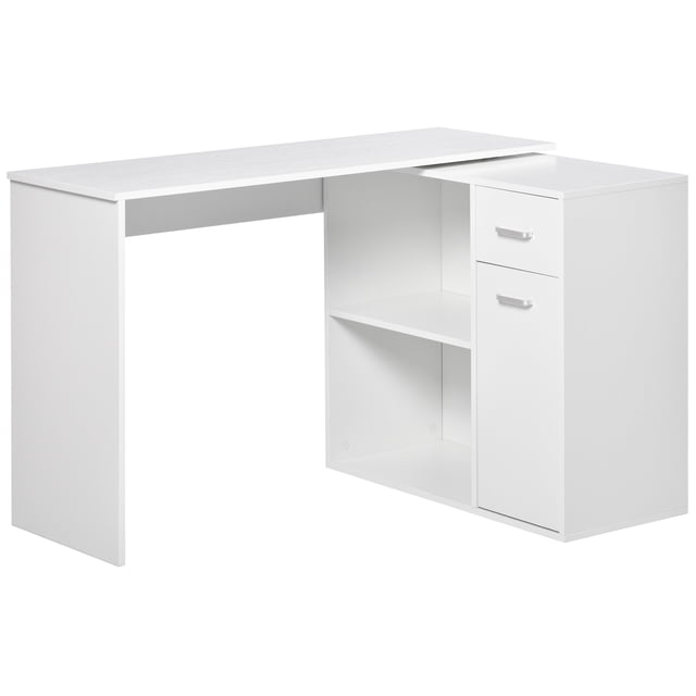 HOMCOM Bureau d'Angle en L pour Ordinateur avec Rangement pour Bureau à Domicile en Blanc. Ce Bureau Gain de Place Présente une Conception en L Rotative Pouvant Être Ajustée pour s'Adapter à Diverses Aménagements. Il Comprend une Grande surface de Bureau, une Étagère à Deux Niveaux, un Tiroir et une Armoire pour un Rangement ample. Fabriqué en Panneau de Particules de Qualité E1 durable avec une surface en Mélamine, Il Est Facile à Nettoyer et durable. Idéal pour les Petits Espaces comme les Bureaux, les Chambres Ou les Dortoirs.