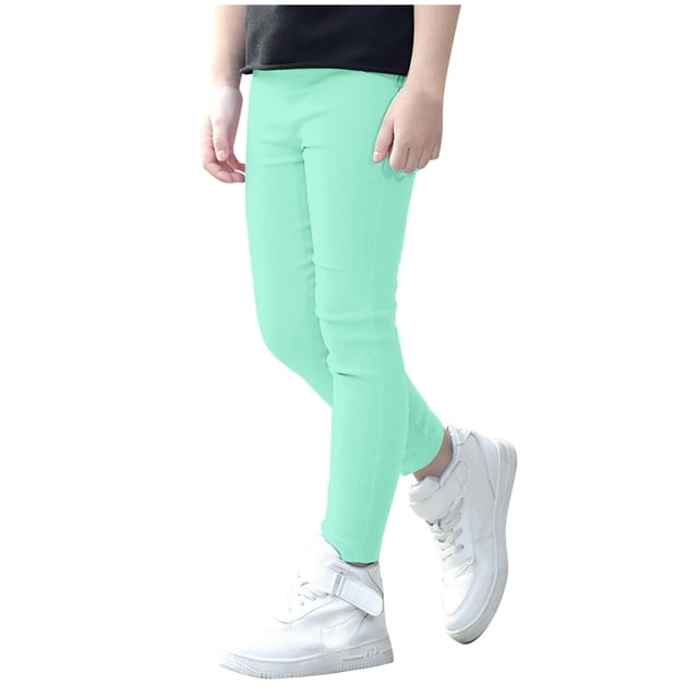 GDREDA Girls' Basic Solid Full Length Cotton Soft Leggings (Green,7-8 Years)