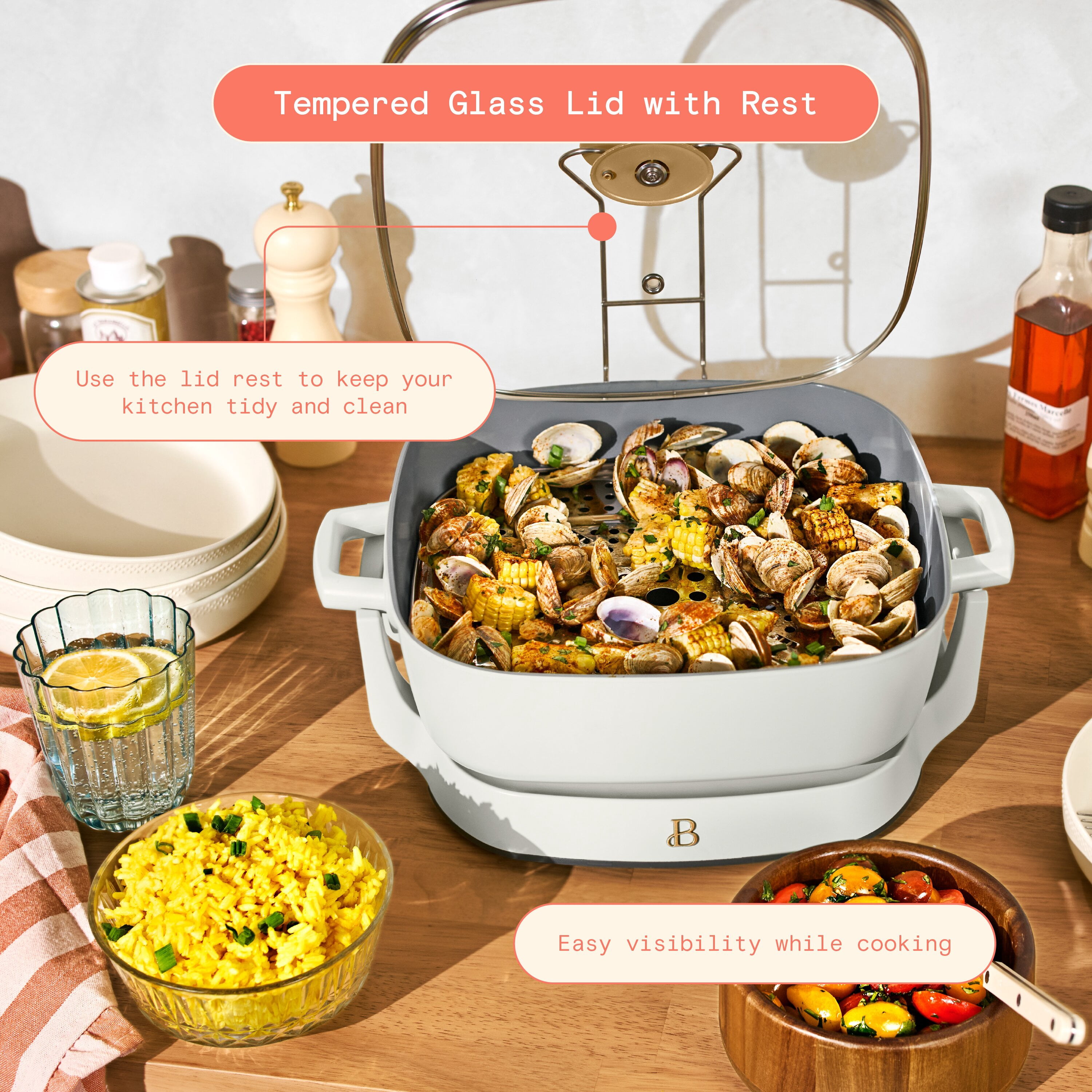 Beautiful By Drew Barrymore 5-in-1, 12" x 12" Detachable Electric Skillet with EverGood™ Ceramic Nonstick Coating
