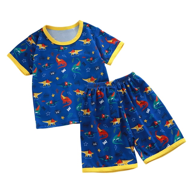 PMVFHDE Ensemble T-Shirt à Manches Courtes et Shorts Imprimé Dessin Animé pour Garçons, Col Rond Mignon avec Pantalon Assorti Tenue Décontractée pour Temps Chaud 2 Pcs Z25024A-Bleu Foncé, 5-6 Ans
