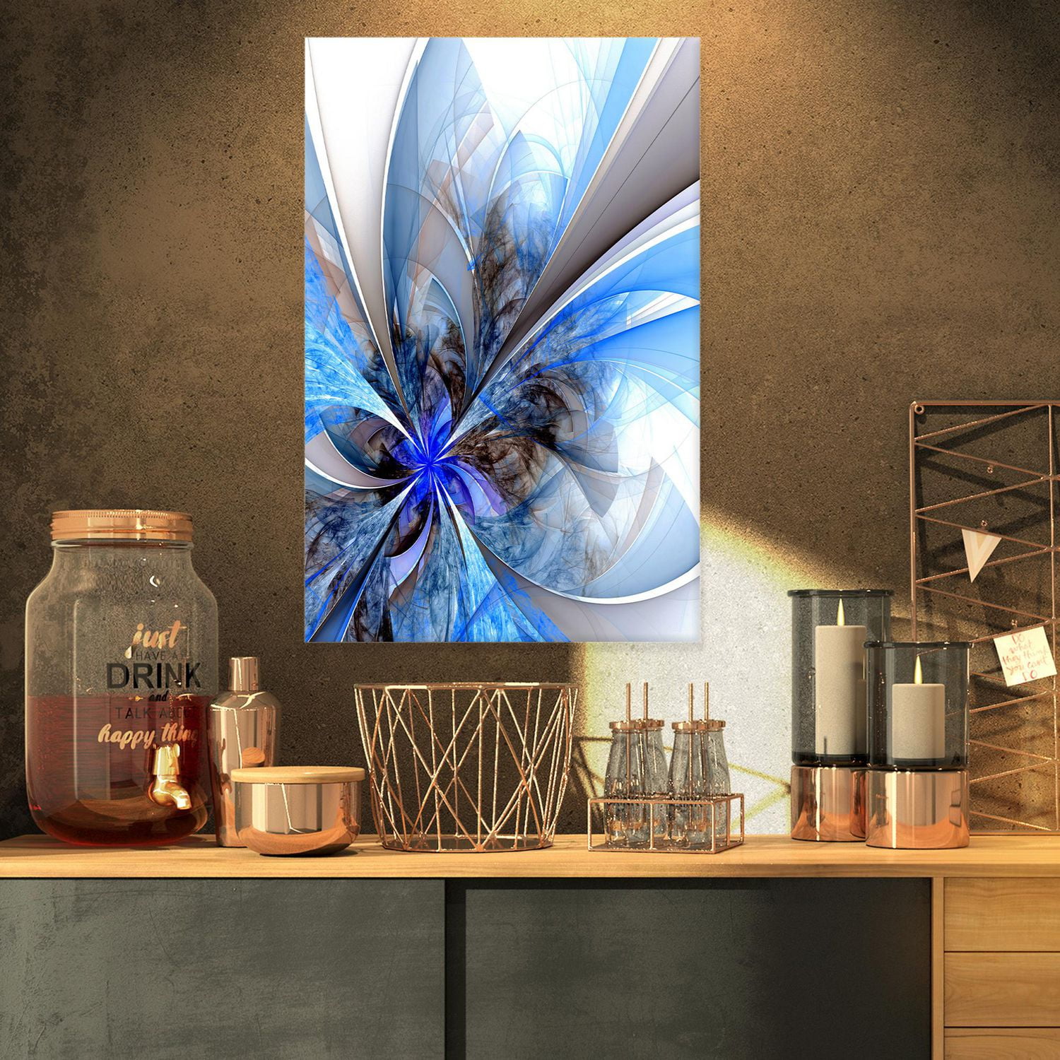 Designart Grande fleur fractale bleue symétrique Art mural sur toile