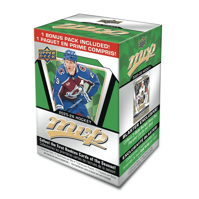 Boîte Blaster de Cartes de Hockey MVP 2025-26 Upper Deck avec Emballage Vert et Blanc Mettant en Vedette un Joueur de Hockey en Uniforme Bleu et Bourgogne, Comprend 10 Paquets Réguliers plus 1 Paquet bonus, Chacun Contenant 7 Cartes, avec Parallèles Exclusifs en Script Or et Script Argent pour Recrues, Idéal pour les Collectionneurs de Cartes de Hockey.