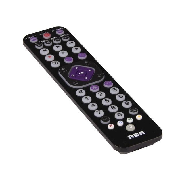 RCA Télécommande Universelle de Diffusion Ultra-Mince Rechargeable à 6 Appareils en Noir, Vue avant Inclinée avec Boutons Rétroéclairés Blancs et Violets Incluant Netflix Dédié, Hulu, Disney+ et Touches YouTube, design Mince Ergonomique avec Batterie Rechargeable USB-C, Idéale pour Contrôler Plusieurs Accessoires de Télé et Appareils de Diffusion.