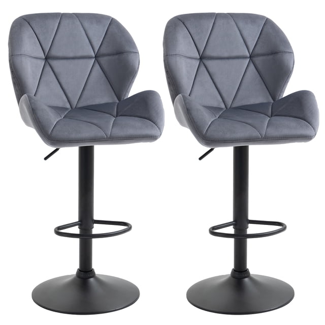 HOMCOM bars Tabouret de Bar Ensemble de 2 Chaises de Comptoir en Tissu à Hauteur Réglable en Gris. Ces Tabourets Présentent un Revêtement en Tissu polyester Toucher Velours avec Motif Piqué en Losange, Dossier Incurvé et design Sans Accoudoirs. le Siège Pivotant Réglable Est Rembourré avec une Éponge Douce pour le Confort, et la base Ronde en Métal Comprend un Repose-Pieds et des Coussinets en Caoutchouc Antidérapants pour la Stabilité. Idéal pour les Comptoirs de Cuisine, les à la Maison Ou les Coins Repas Hauts.