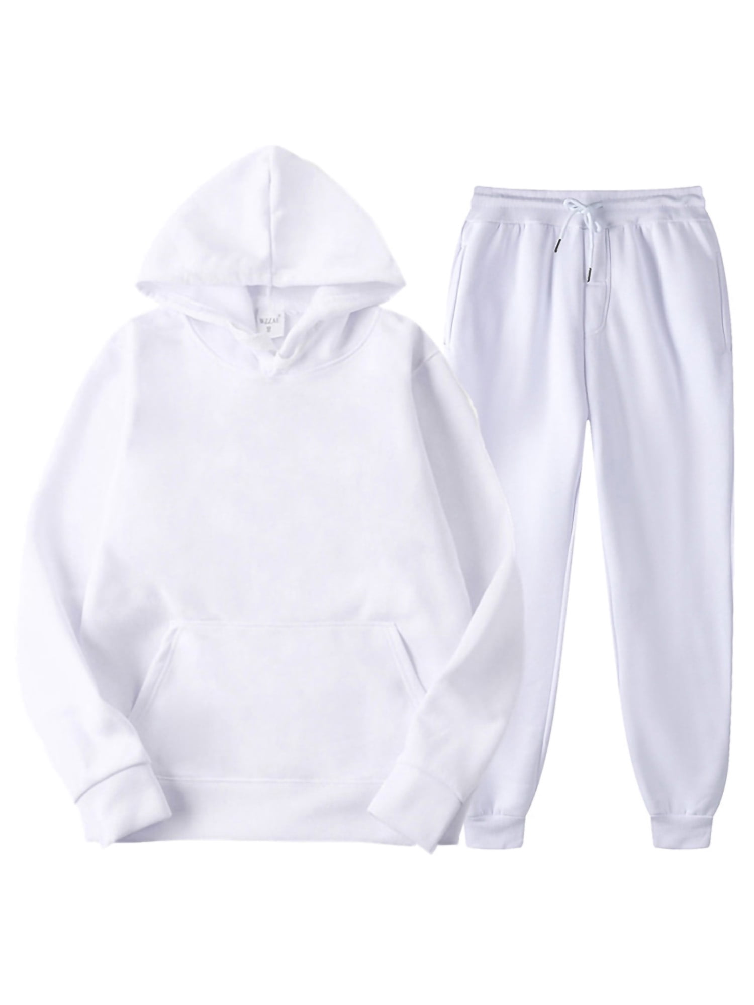 Innerwin Hoodies And Sweatpant Set Solid Color Mens Tracksuit Winter Hooded Warm 2 Piece Hoodie White L