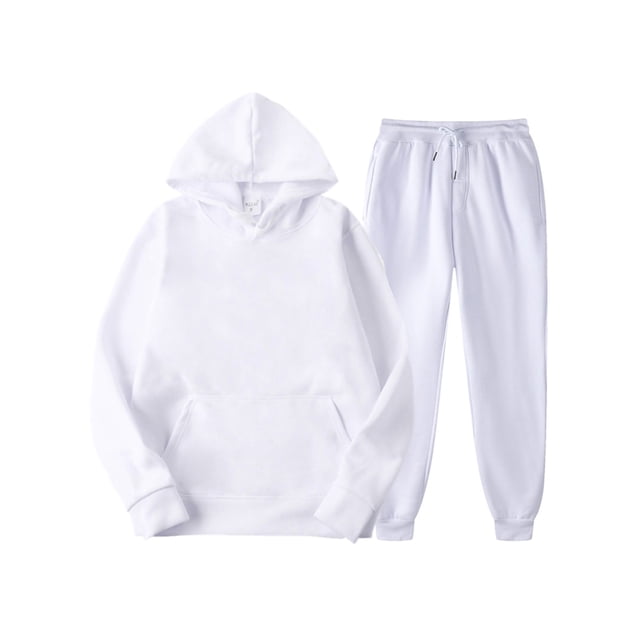 Innerwin Hoodies And Sweatpant Set Solid Color Mens Tracksuit Winter Hooded Warm 2 Piece Hoodie White L