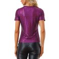 thumbnail image 3 of INSPIRE CHIC Women's Party Metallic Textured Short Sleeve Shiny Multicolor Top Red S, 3 of 5