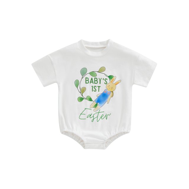 Faithtur Barboteuse de Pâques pour Bébé, Imprimé Lettre Rabbit, Manches Courtes, Col Rond, pour Garçons et Filles, 0-18 Mois
