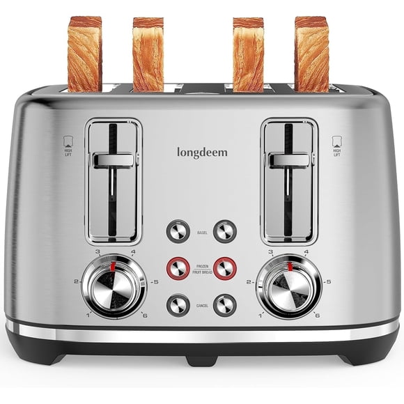 LONGDEEM 4 Slice Toaster, Stainless Steel Toaster with 6 Browning Options, 1.6''Wide Slots with Cancel/Defrost/Reheat Functions, High Lift Lever, Dual Controls, Silver
