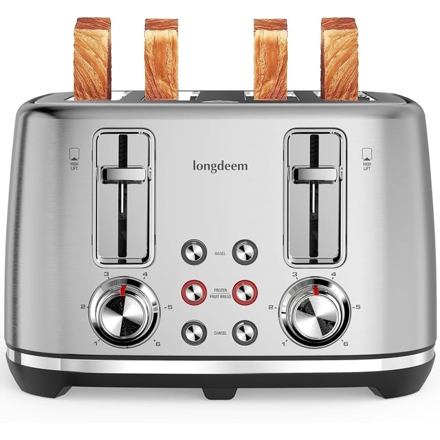 LONGDEEM 4 Slice Toaster in silver stainless steel with dual independent controls, six browning settings, and 1.6-inch wide slots. Ideal for toasting bagels, waffles, and artisan bread. Features include cancel, defrost, and reheat functions, high-lift levers, and a compact design. Four slices of toast are visible in the slots.