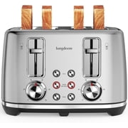 LONGDEEM 4 Slice Toaster, Stainless Steel Toaster with 6 Browning Options, 1.6''Wide Slots with Cancel/Defrost/Reheat Functions, High Lift Lever, Dual Controls, Silver