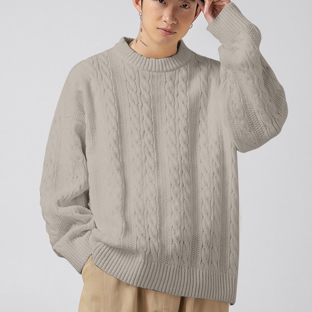 Cameland Chandail d'Hiver Épais Décontracté Mode Couleur Unie Texture Manches Longues Col Rond pour Hommes