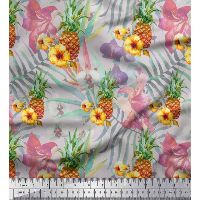 Soimoi Grey Modal Satin Fabric Lily & Pine Fruits Print Fabric by the Yard 42 Inch Wide