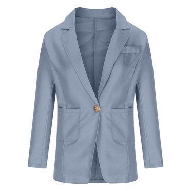 IROINID Women's Short Blazer Jacket Notch Lapel Solid Color Long Sleeve Pocket Coat Jacket Outerwear Tops, Light Blue