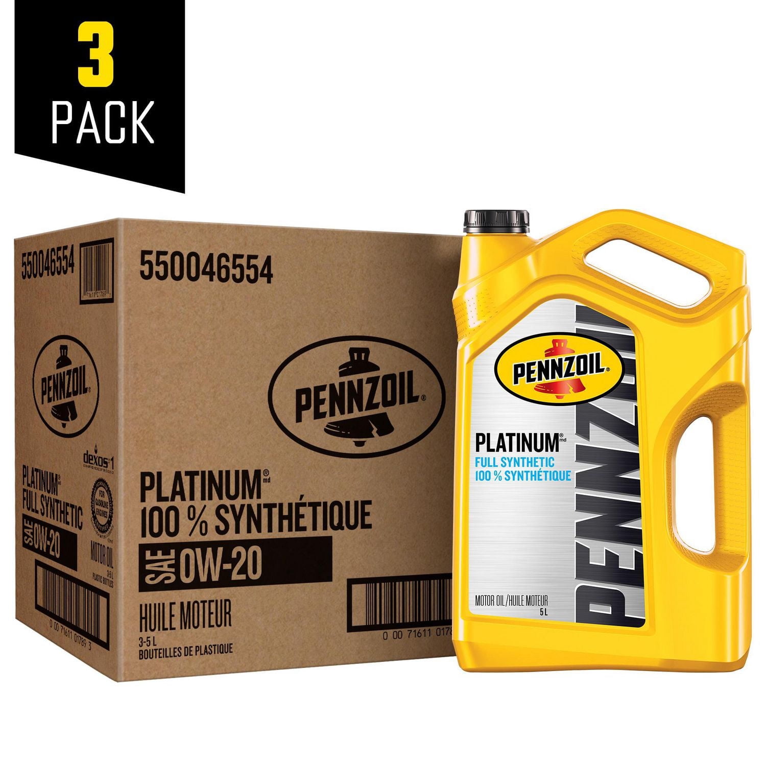 Huile moteur Pennzoil Platinum 100 % synthétique 0W-20, 5 litres (caisse de 3)