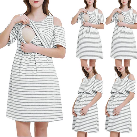 zanvin Pregnant Dress for Women, Women Summer Short Sleeve Stripe Nursing Breastfeeding Dress