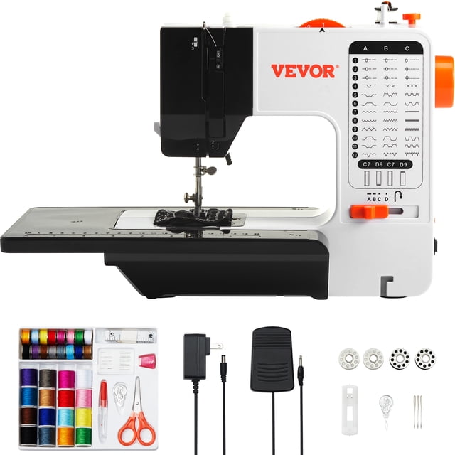VEVOR Sewing Machine, a portable computerized sewing machine for beginners, featuring 38 built-in stitches, reverse sewing, dual speed control, and an extension table. Includes a foot pedal and accessory kit with bobbins, threads, needles, scissors, and more. Suitable for home, travel, and crafting projects.