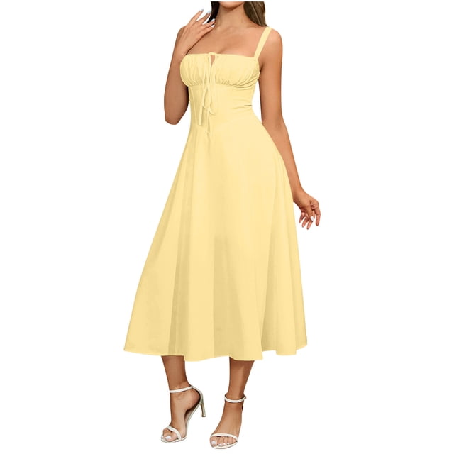 VEKDONE Women's Casual Split Drawstring Sundress With Straps Yellow L