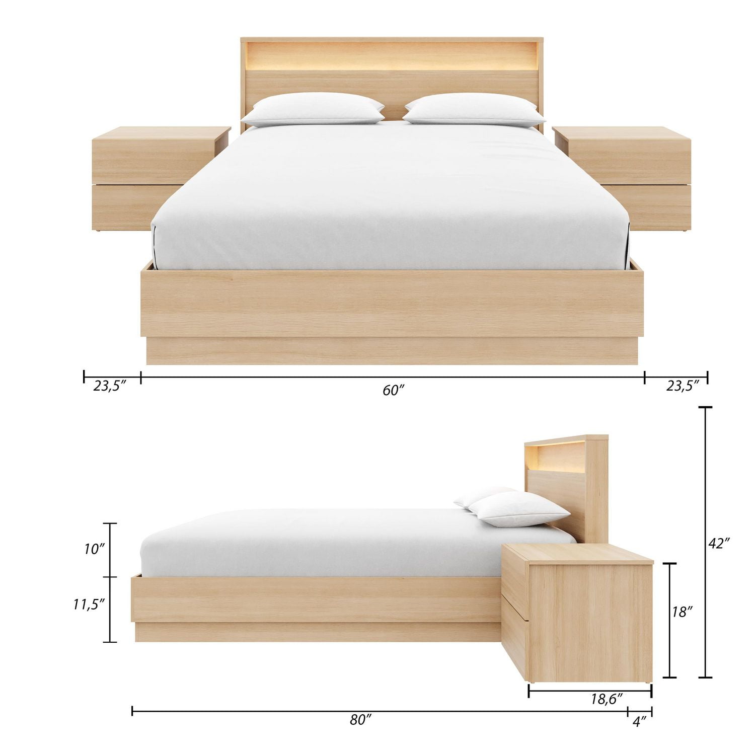 Chambre à coucher Hudson 4 pièces avec sommier à lattes, tête de lit avec éclairage intégré et 2 tables de chevet