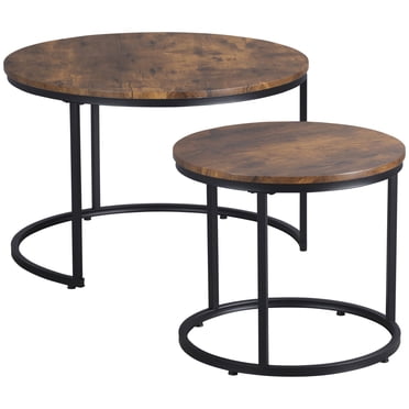 HOMCOM Ensemble de 2 Tables Basses Rondes Gigognes avec Cadre en Métal, Brun