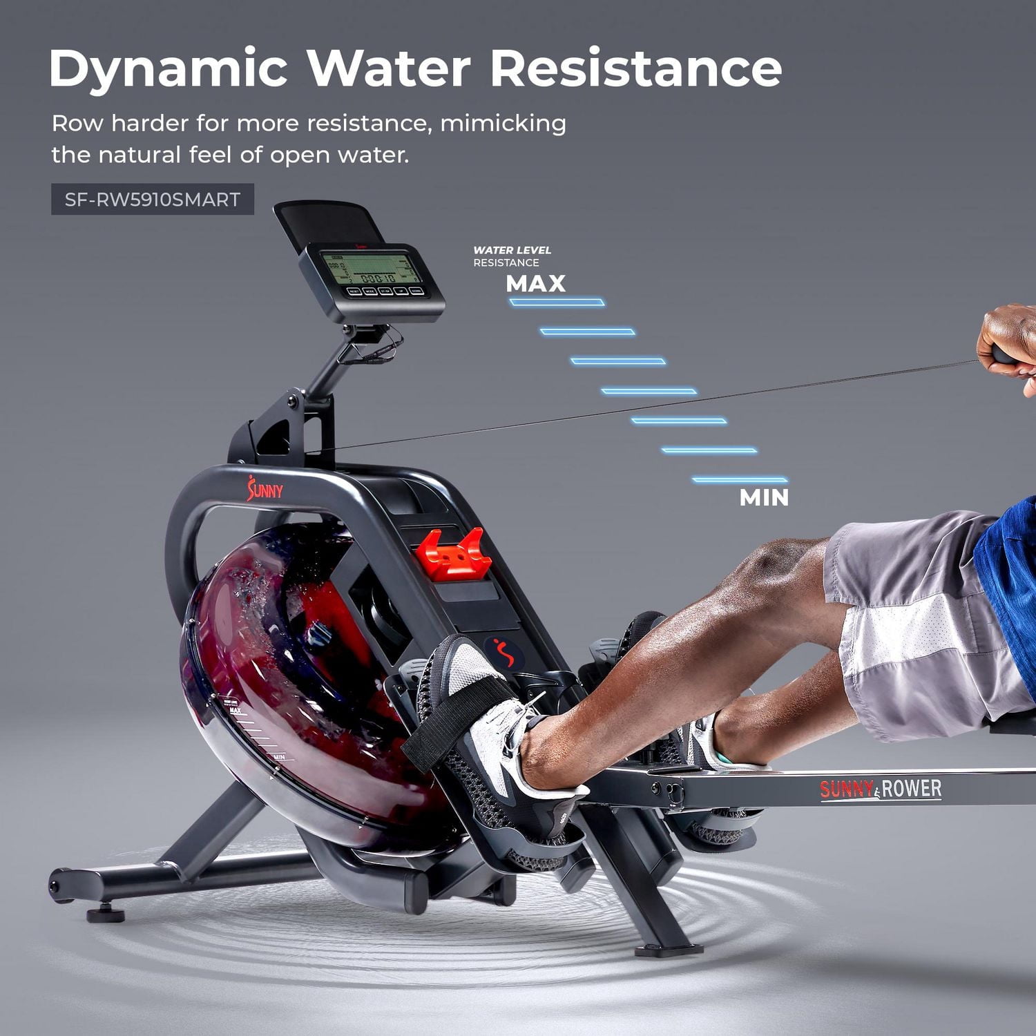 **Rameur à Eau Intelligent Phantom Hydro Sunny Health & Fitness**, avec Résistance Dynamique en Temps Réel, Capacité de 300 LB, Pliable, Connexion Bluetooth et Rail Extra Long – Modèle **SF-RW5910SMAR