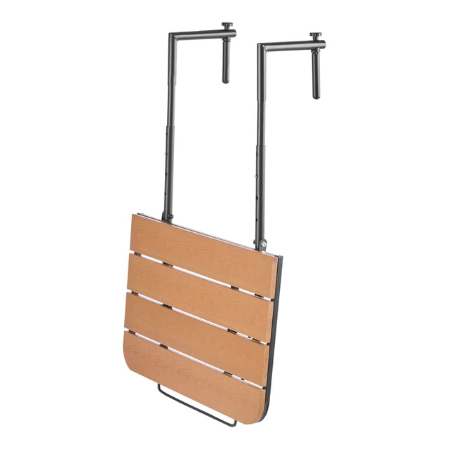 KFFKFF Balcony Hanging Table, 25 x 24 in folding table with a durable HIPS tabletop and stainless steel brackets. Compact and foldable design with 4 adjustable height settings. Fits railings 1 to 5.5 inches wide, ideal for outdoor furniture use on patios and decks.