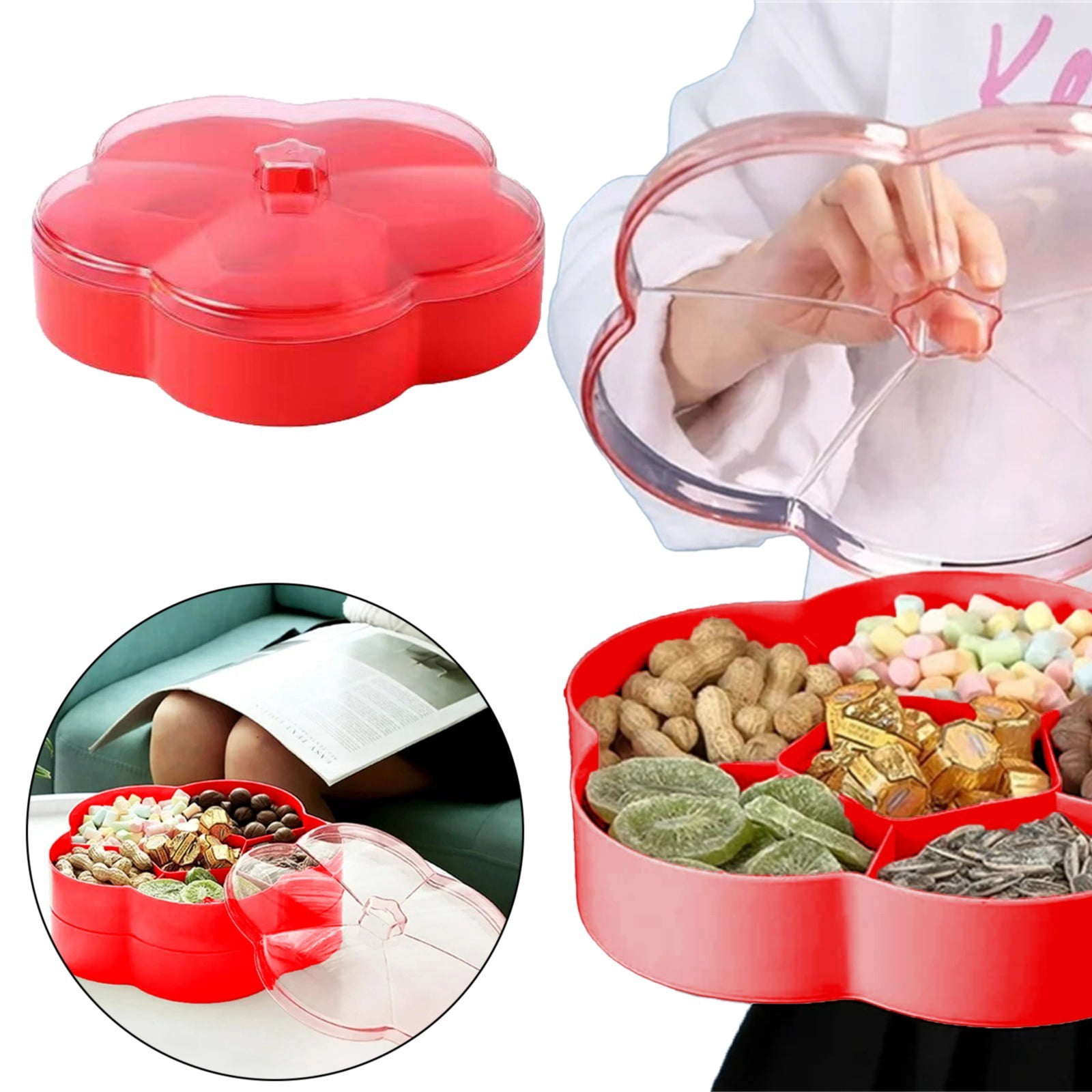 Iodue Food Storage 1 Tier Flower Shape Candy And Nut Serving Container Tray With Lid 6 Compartment Round Plastic Food Storage Lunch Organizer Divided Christmas Snack Plate