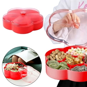 Iodue Food Storage 1 Tier Flower Shape Candy And Nut Serving Container Tray With Lid 6 Compartment Round Plastic Food Storage Lunch Organizer Divided Christmas Snack Plate
