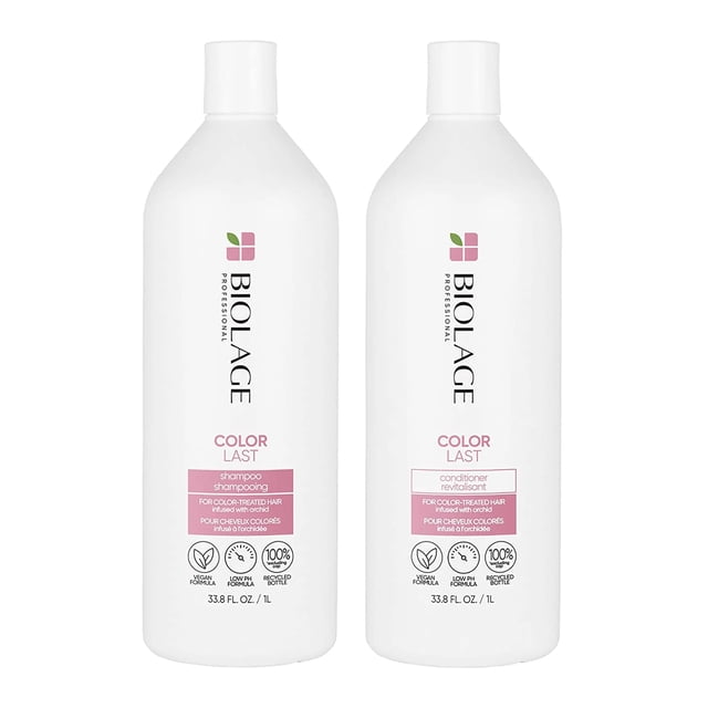 Matrix Biolage Colorlast Ensemble de Shampoing et Revitalisant pour Soins Capillaires, Chacun en Bouteilles de 33,8 oz, Formulé pour des Cheveux Colorés. le Shampoing et L' Revitalisant à pH Bas Offrent une Formule Sans Parabènes Qui Hydrate, Démêle et Rehausse l'Éclat Tout en Prolongeant l'Éclat de la Couleur. les Deux Bouteilles Sont Blanches avec des accents Roses et Mettent en Valeur le logo Biolage.