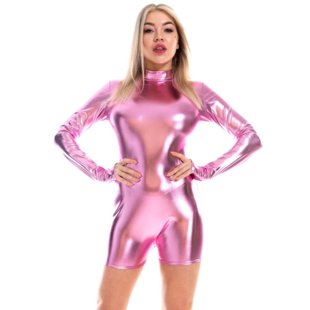 Women's Long Sleeved Leather Small Round Neck Zipper Finger Sleeve Jumpsuit, Suitable For Team Events