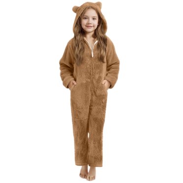 VINUSLI Pyjama d'Hiver pour Filles en Molleton à Fermeture Éclair, Combinaison Ample en Sherpa à Capuche avec Oreilles, Manches Longues, Tenue de Détente une Pièce, Noir, 7 Ans