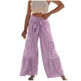 thumbnail image 1 of Mrat Comfy Trousers with Pockets Full Length Pants Ladies Fashion Casual High Waist Elastic Waist Drawstring Straps Solid Color Ruffle Wide Leg Long Pants Wide Leg Pants, 1 of 5