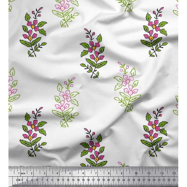 Soimoi Moss Georgette Fabric Leaves & Floral Block Print Fabric by The Yard 42 Inch Wide