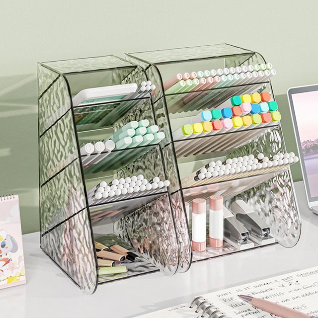 pstuiky Clear Desktop Organizer Slanted Pen Holder & Cosmetic Storage Box, Multi-Functional Office Supply Organizer