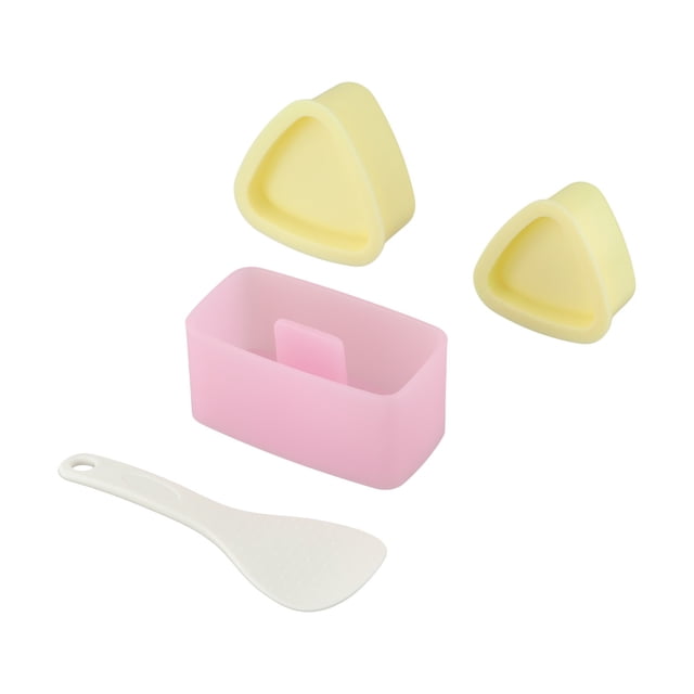 3 Pack Onigiri Moulds Sushi Maker Kit with two yellow triangle rice molds (large and small), a pink musubi maker press, and a white rice ladle. A Japanese kitchen tool designed for easy demolding with a bumpy dots design, perfect for DIY sushi, onigiri, and rice cakes.
